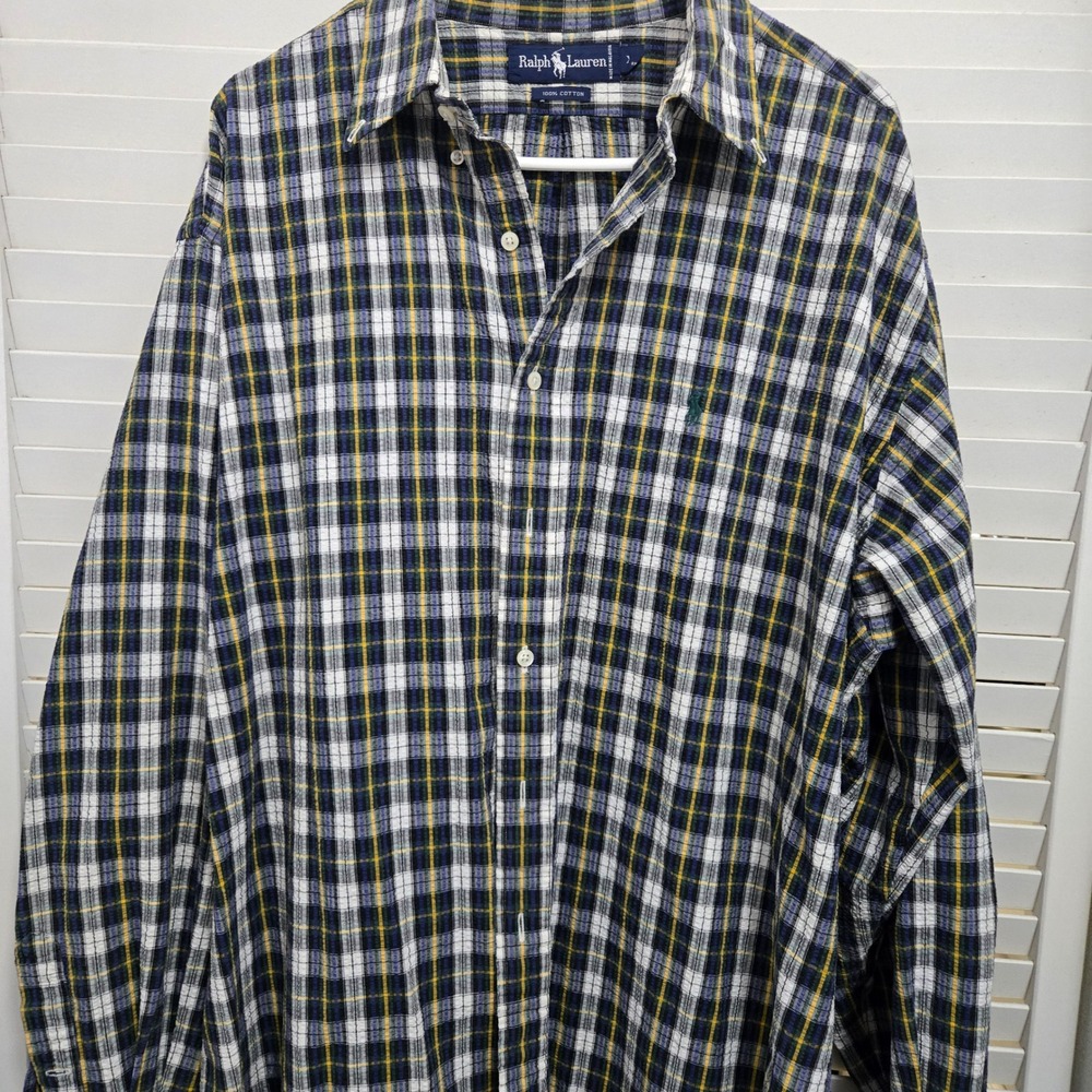 Polo Ralph Lauren Seersucker Plaid Shirt Mens XL Navy Green Yellow Button Down